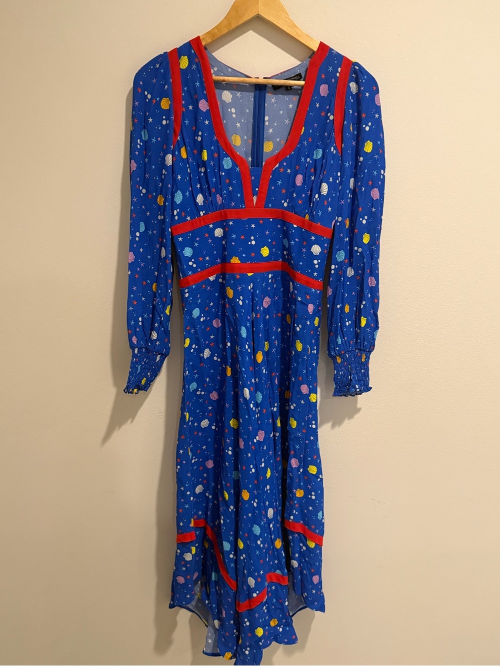 Coco Fennell Sea Shell Dirndl Midi Dress Blue Red Trim 6 Vintage Inspired - Picture 2 of 9